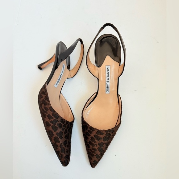 Manolo Blahnik Brown Black Lepoard print Carolyne Slingback pumps 90mm EU 38.5 - Picture 1 of 8
